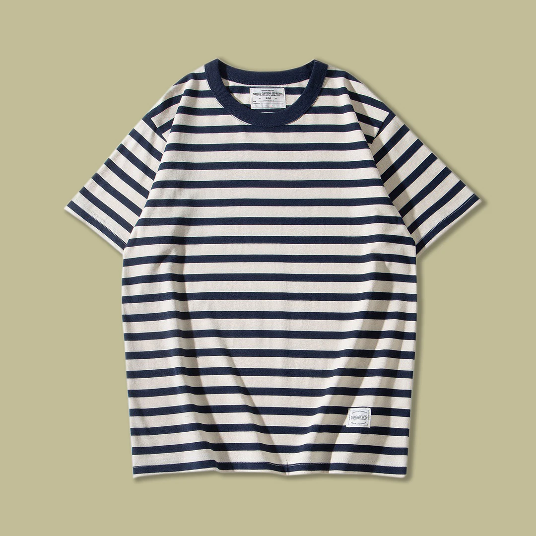 夏季新款圆领条纹短袖宽松百搭撞色情侣上衣青春ins时尚T恤纯棉潮