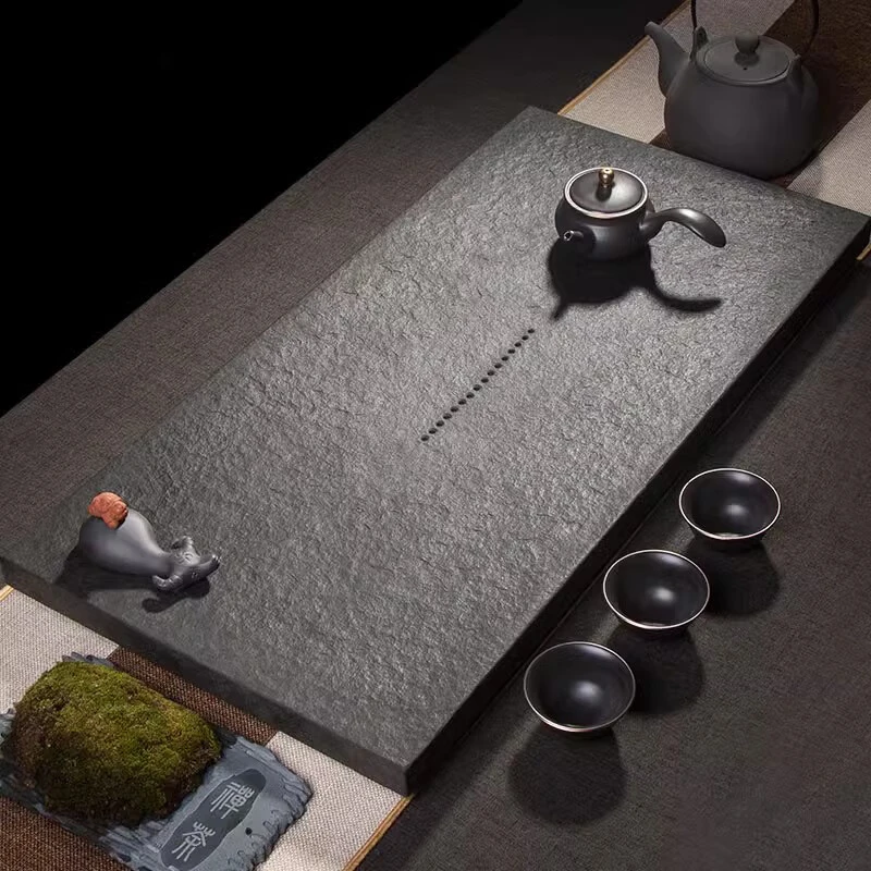 天然乌金石茶盘创意手工长方形排水式茶盘简约大号轻奢家用石茶台