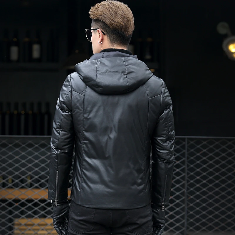 秋冬装皮衣真皮鹅绒服男连帽短款潮流皮夹克韩版修身外套绵羊皮