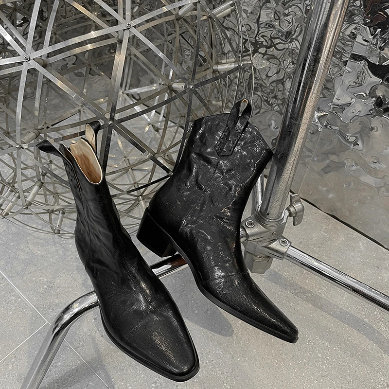 【唐唐家】四季可穿踝靴手抓纹羊皮重工艺V口粗跟短靴子女切尔西靴