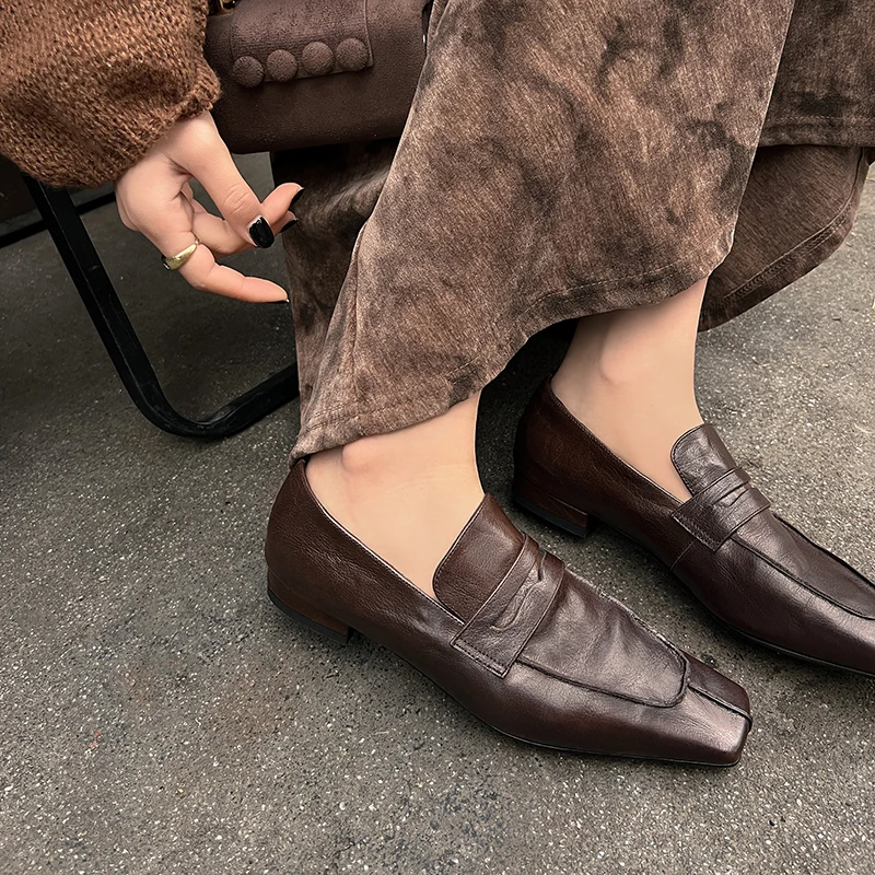 【唐唐家】英伦复古小皮鞋新款百搭做旧胎牛皮懒人单鞋软皮乐福鞋