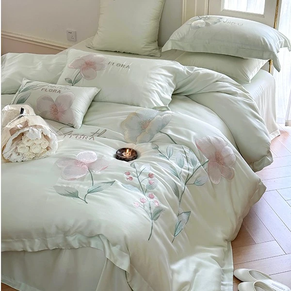 小清新少女心80支兰精天丝四件套 简约轻奢刺绣凉感春夏床上用品