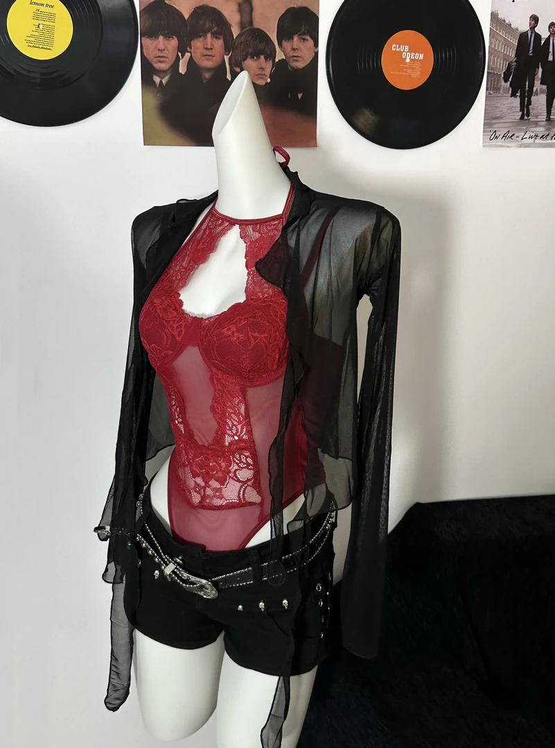 辣妹纯欲风网纱开衫夏秋百搭微透喇叭袖显瘦短款上衣外套