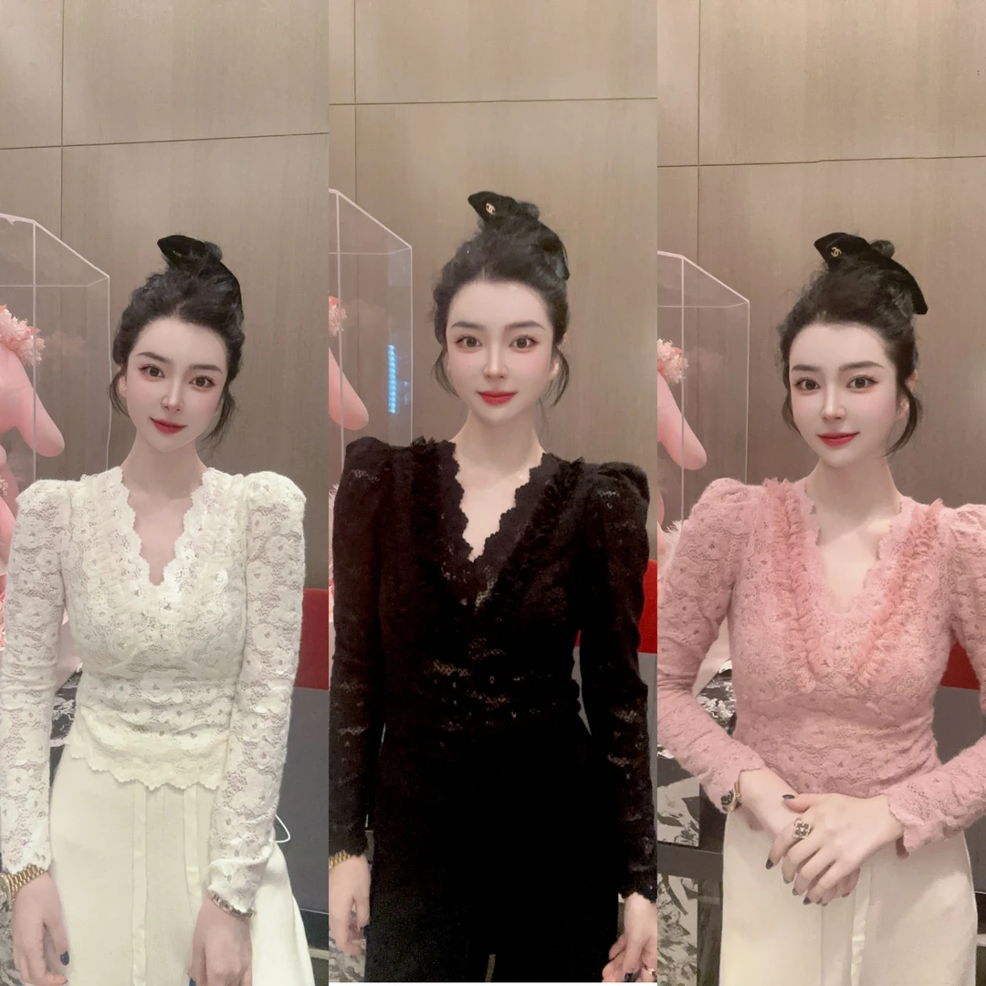 DL乐乐家【冬日暖阳】气质显瘦时尚百搭休闲修身长袖蕾丝上衣打底衫