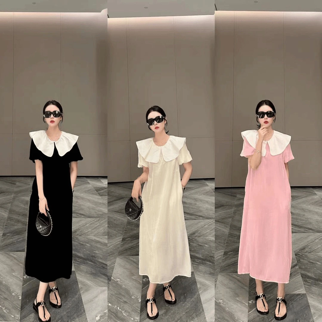 DL乐乐家【候鸟森林】夏季宽松时尚气质显瘦娃娃领减龄法式连衣裙