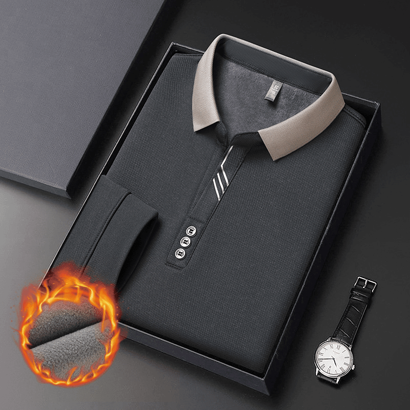 冬款男士翻领加绒加厚POLO衫上衣宽松保暖百搭T恤简约商务运动款