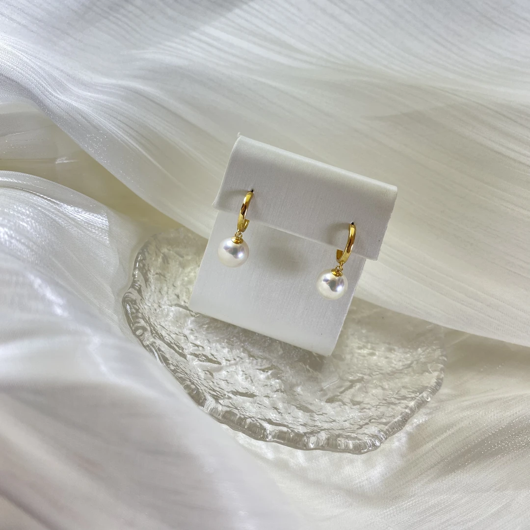 许红豆款耳圈18K金7.5-8mm海水Akoya极强光优雅珍珠耳环耳饰耳扣