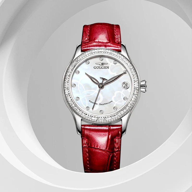 古尊表全自动机械表女款气质时尚镶钻百搭防水精致真皮蝴蝶扣表带