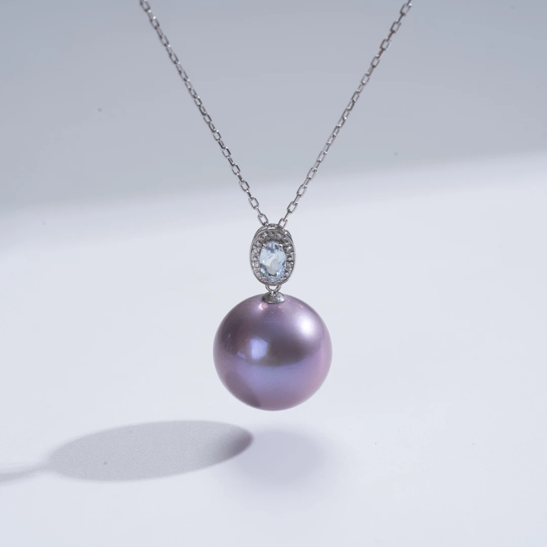 爱迪生淡水珍珠 18K金紫珠吊坠（赠银链）13-14mm【叶子】[多样性发一