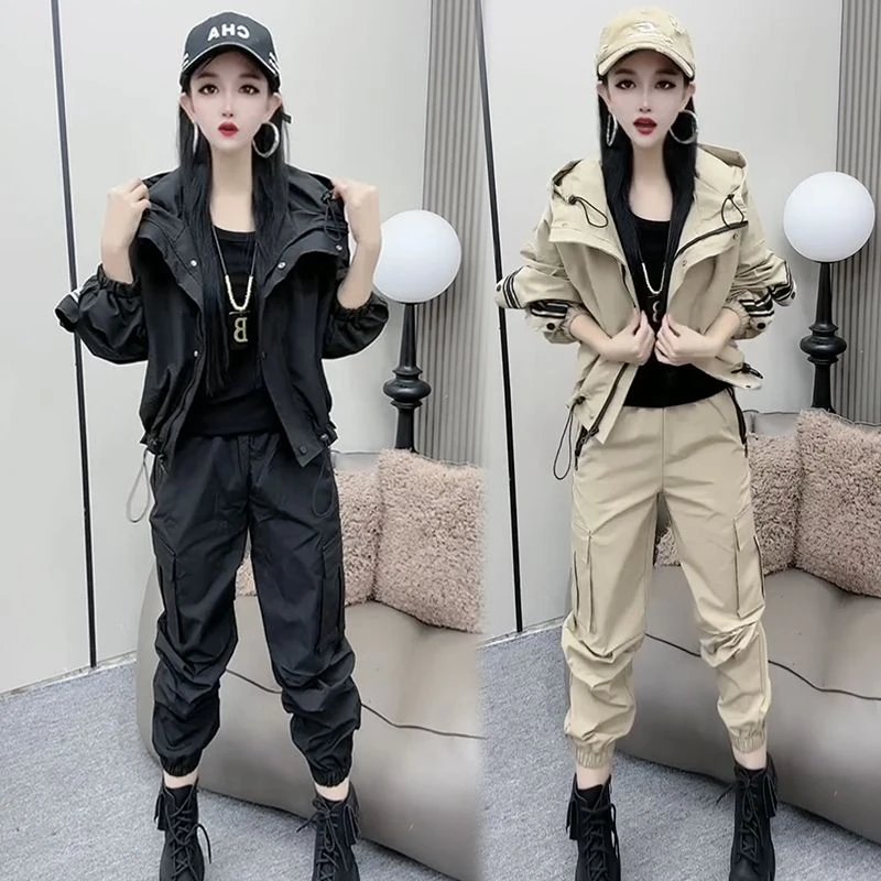 欧货休闲套装女2025春秋新款宽松显瘦连帽冲锋衣外套工装两件套潮