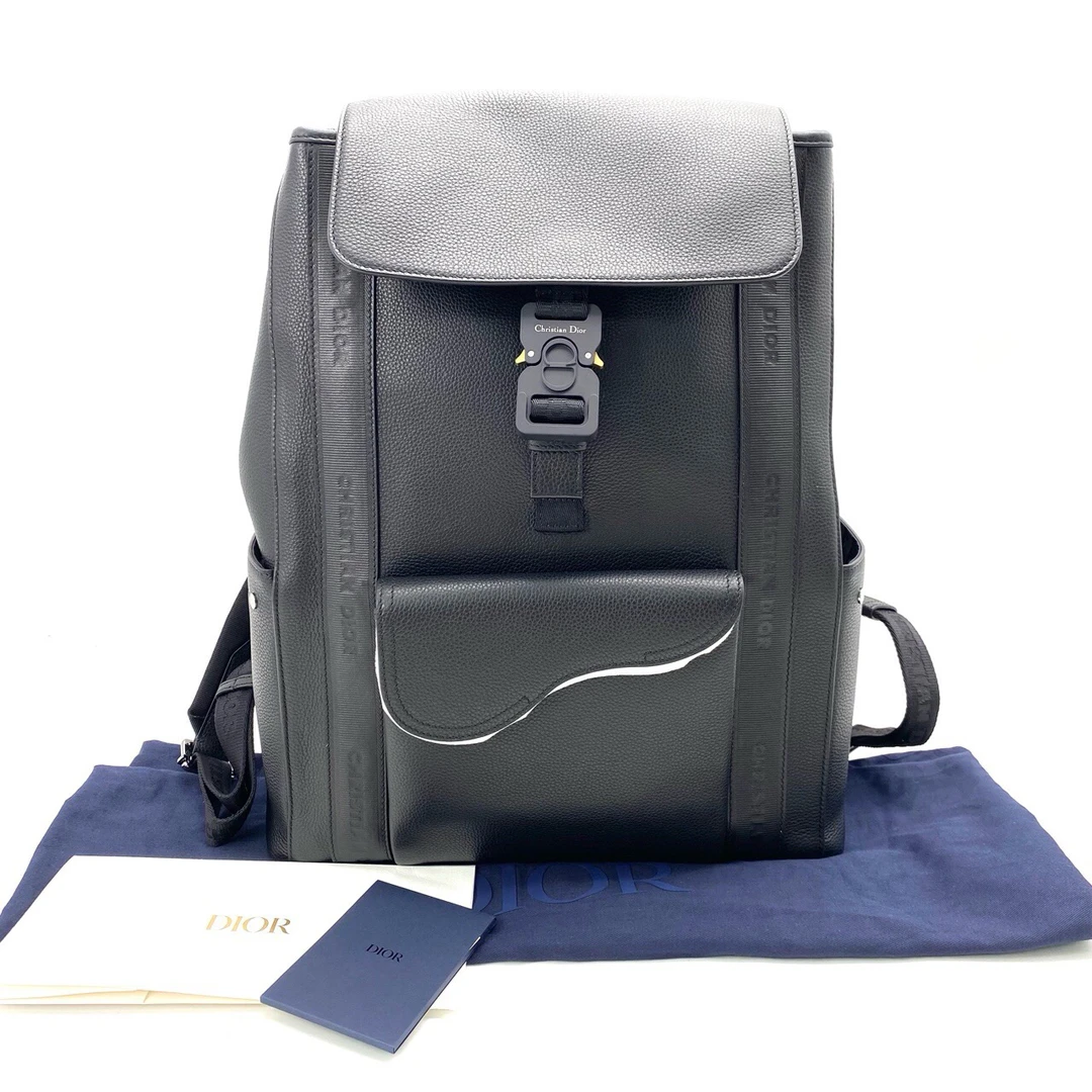 99新 DIOR/迪奥 黑色全皮单扣Saddle双肩包 尺寸32/45