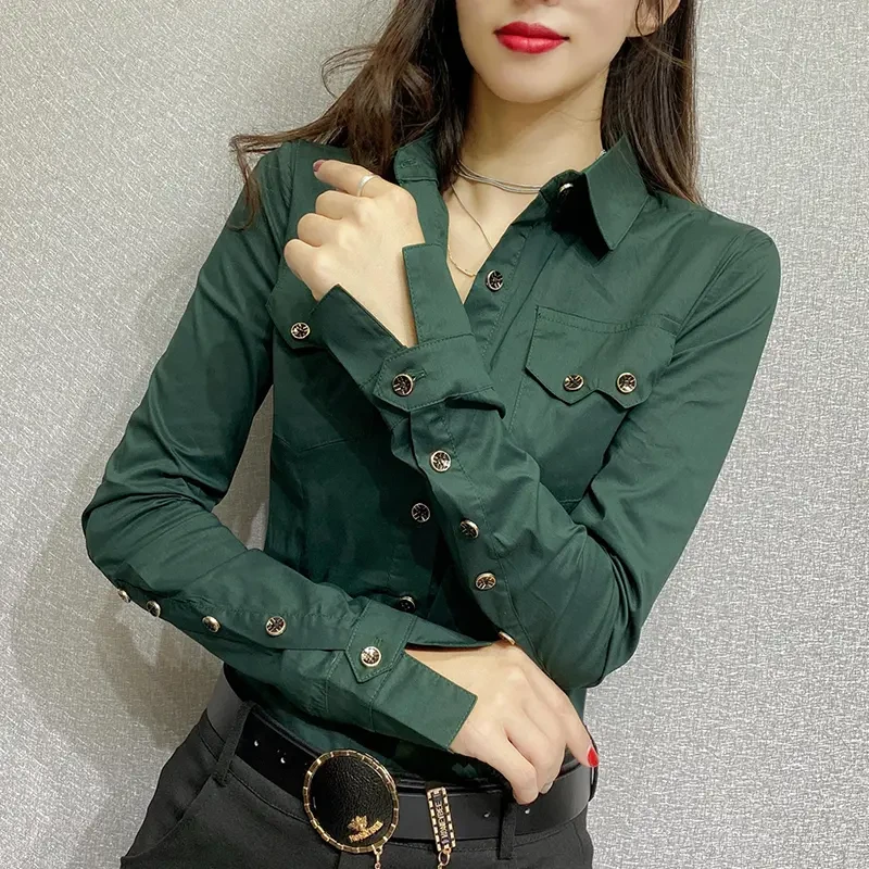 长袖衬衫女春秋衬衣2024新款时尚绿色修身气质打底工装上衣休闲衫