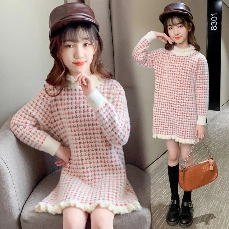 女童中长款毛衣2025新款儿童千鸟格加厚冬装女孩仿水貂套头针织衫