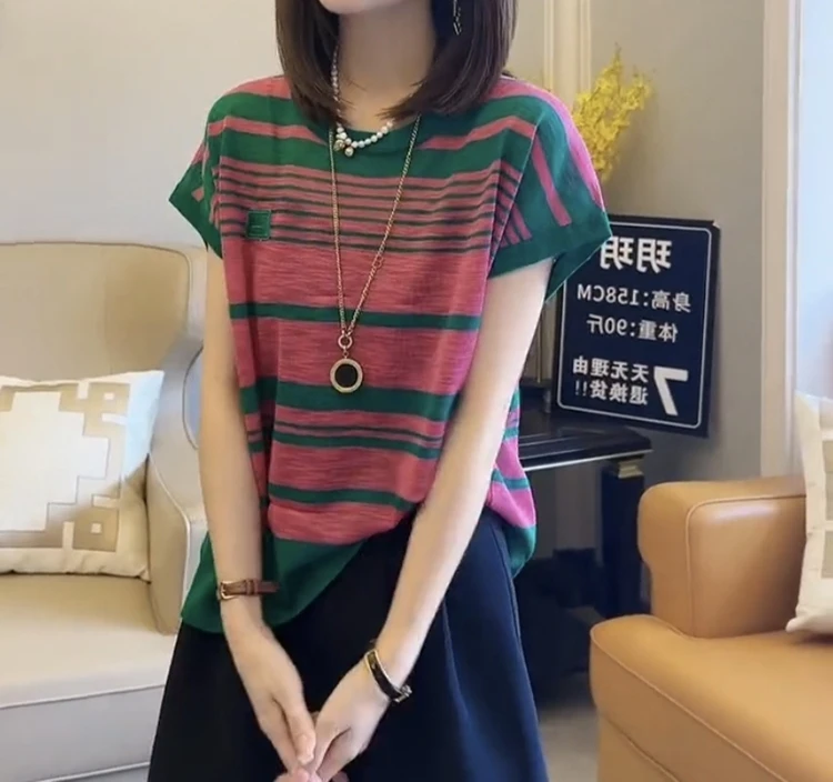 撞色条纹短袖t恤女薄款2023夏季新款宽松圆领无袖针织衫上衣