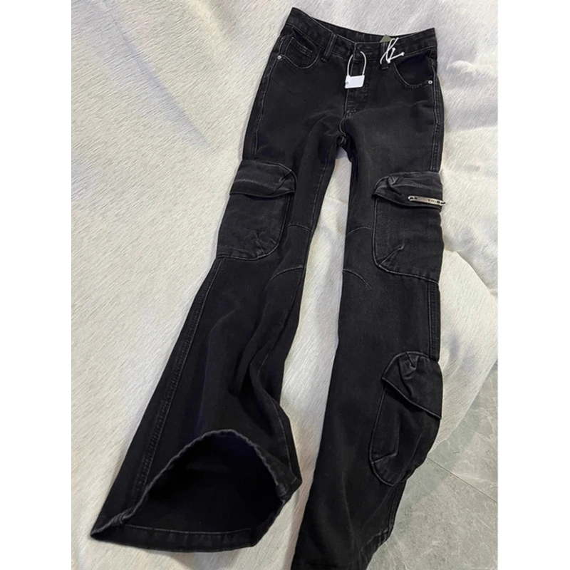 美式国潮黑灰色微喇工装裤子女春季新款高腰显瘦马蹄喇叭牛仔长裤
