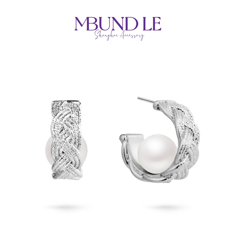 铜合金仿珍珠耳饰 织锦绣-编织C形贝珠耳环