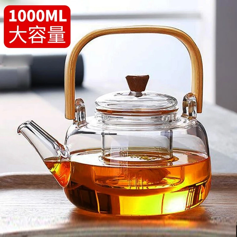 家用透明加厚纯手工竹提梁耐热玻璃烧水壶 1000ml