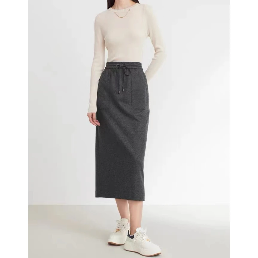 宝丫轻奢 女式舒适松紧腰时尚开叉半身裙B6640