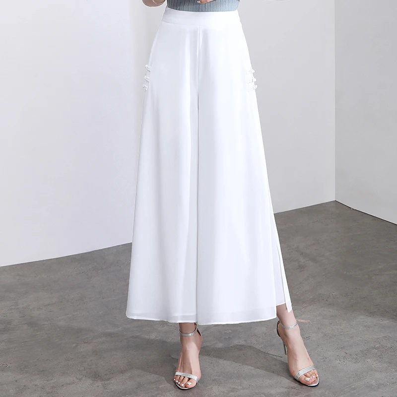 雪纺阔腿裤女休闲裤2025夏季松紧腰直筒裤开叉薄款裙裤直筒长裤子