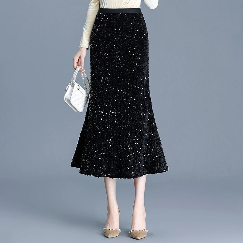 时尚亮片鱼尾裙松紧腰包臀裙女秋季2024新款高腰半身裙气质中长裙