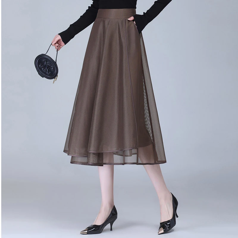 垂感网纱裙a字裙女春季2025新款高腰半身裙中长款通勤设计感伞裙