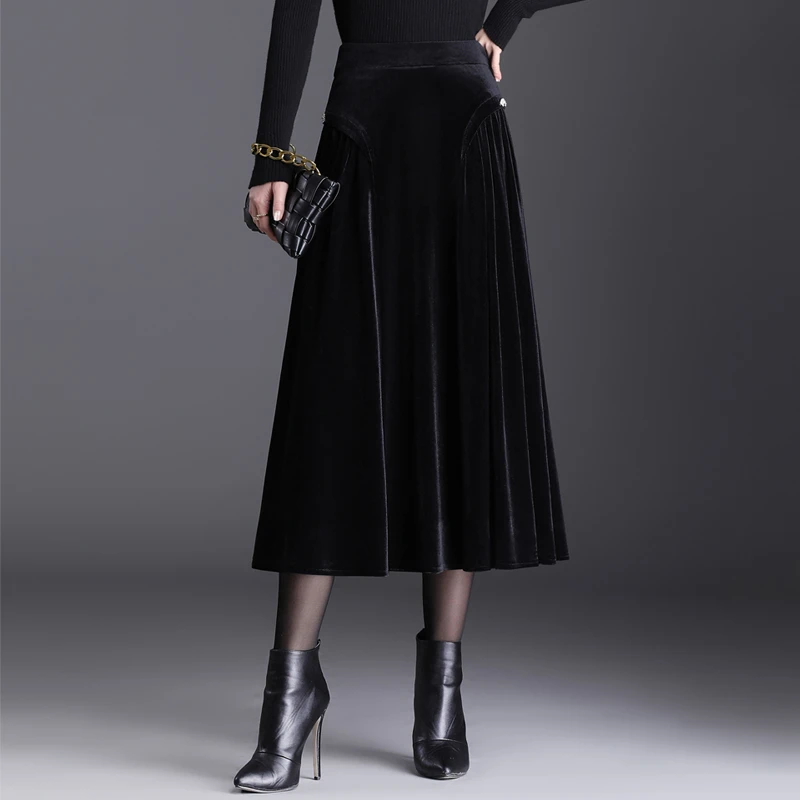 金丝绒半身裙女百褶大摆裙2023秋冬新款高腰a字裙中长款黑色长裙