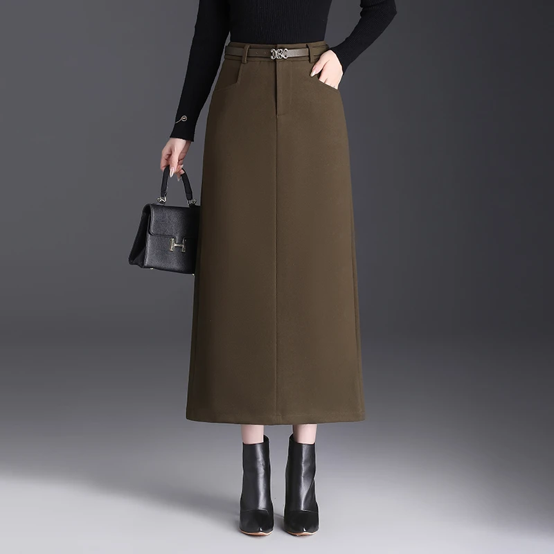 毛呢长裙半身裙女秋冬新款高腰显瘦a字包臀裙通勤开叉一步裙