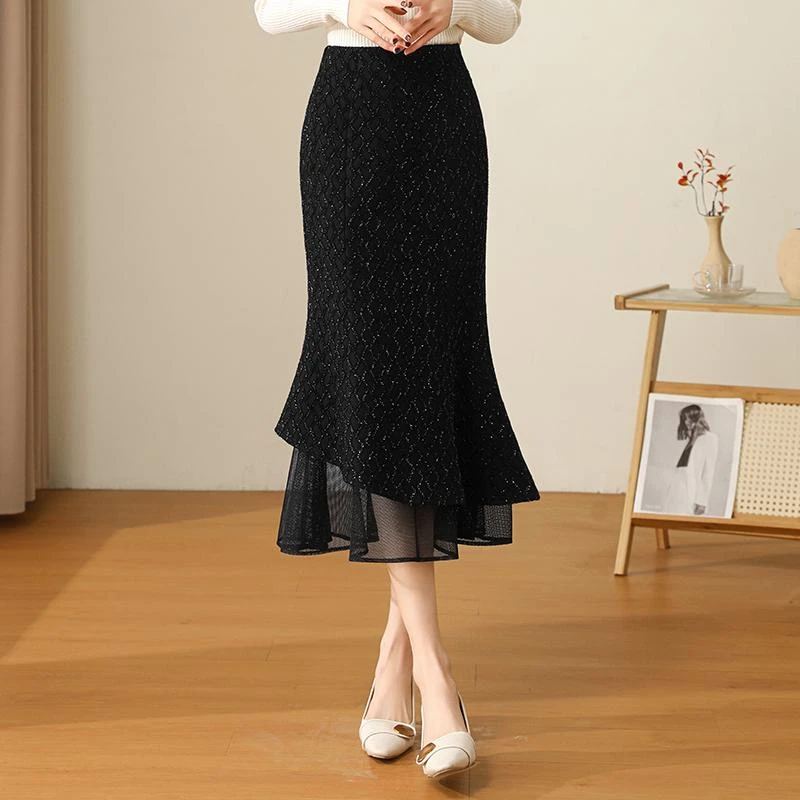 小香风网纱拼接鱼尾裙女秋冬新款气质修身包臀半身裙中长裙子