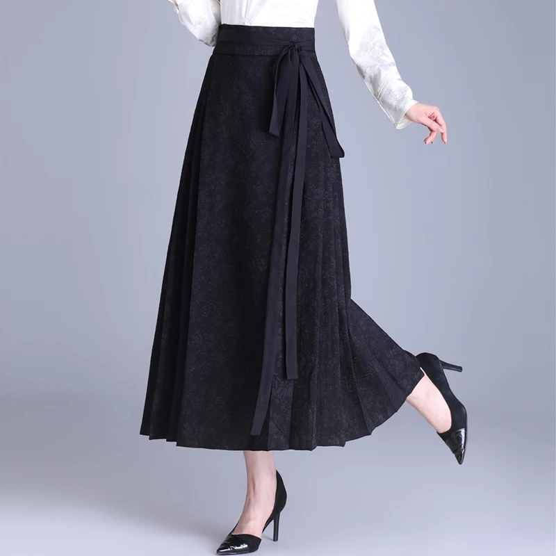 提花马面裙女2025春季新款高腰复古国风长裙气质显瘦中长款百褶裙