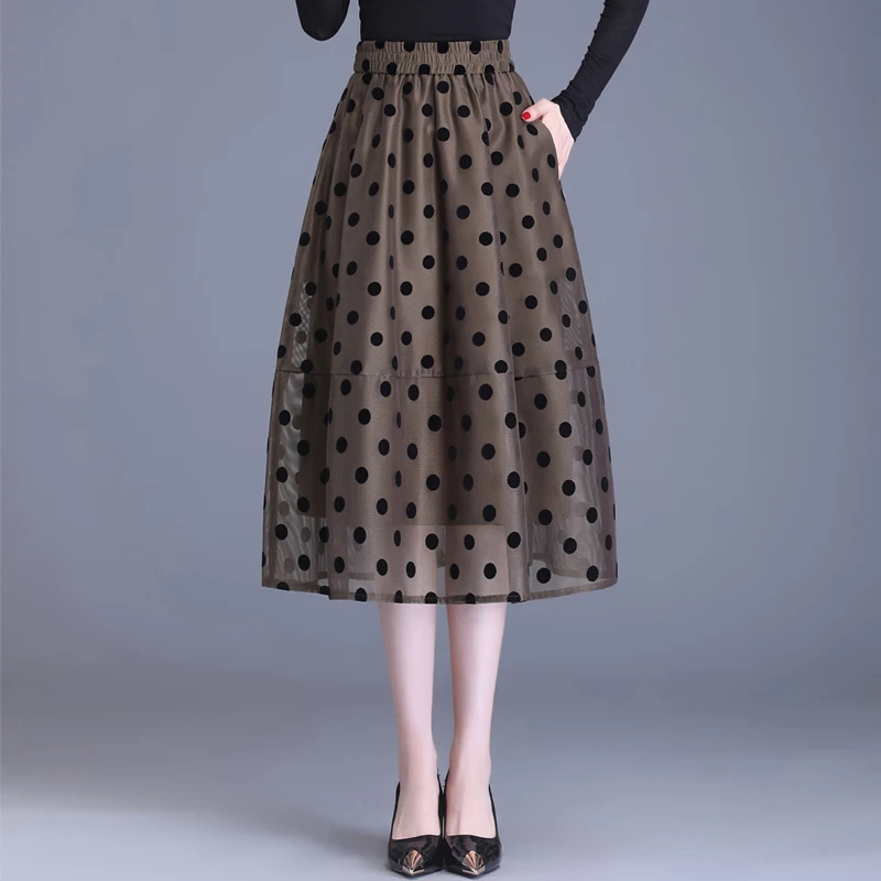 气质波点网纱裙a字裙女春季2024新款松紧腰半身裙中长款灯笼裙子
