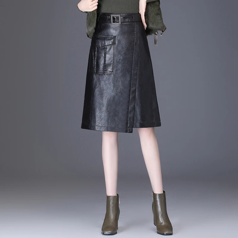 皮裙女2024新款春秋PU皮包臀裙半身裙显瘦中长款韩版不规则a字裙