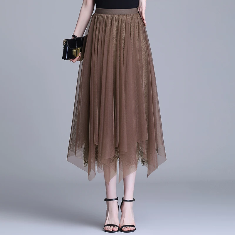 不规则垂感网纱裙半身裙女春夏2025新款高腰显瘦a字裙大摆中长裙