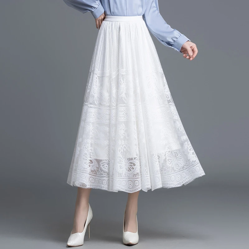 白色蕾丝裙半身裙女春季2025新款松紧腰垂感气质a字长裙大摆裙子