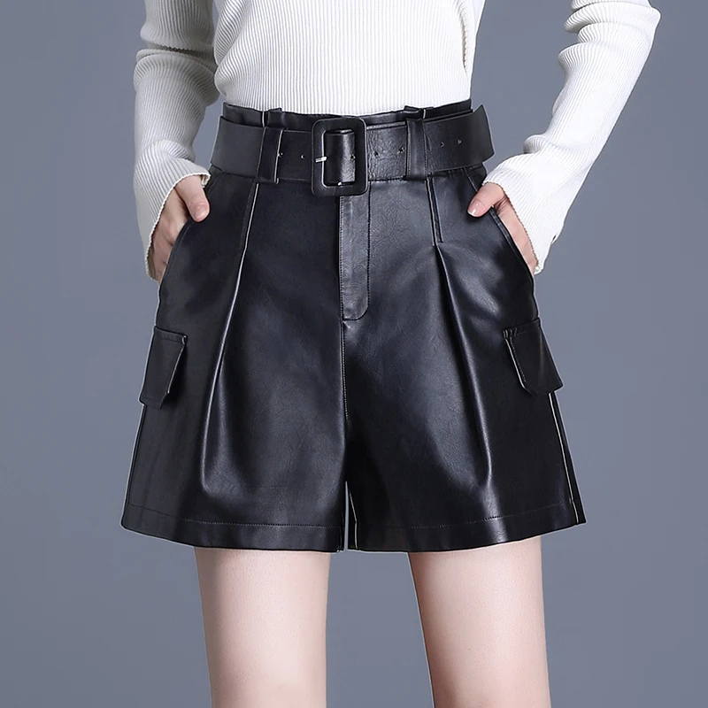 黑色休闲皮短裤女高腰2025春秋新款宽松a字阔腿裤外穿显瘦PU皮裤