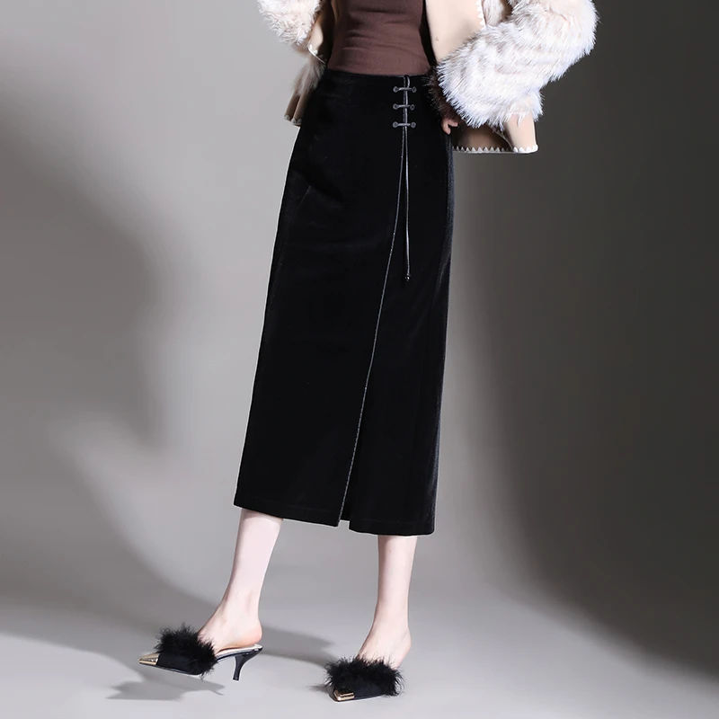 新中式金丝绒直筒裙半身裙2025秋冬新款高腰一步裙中长款休闲裙子