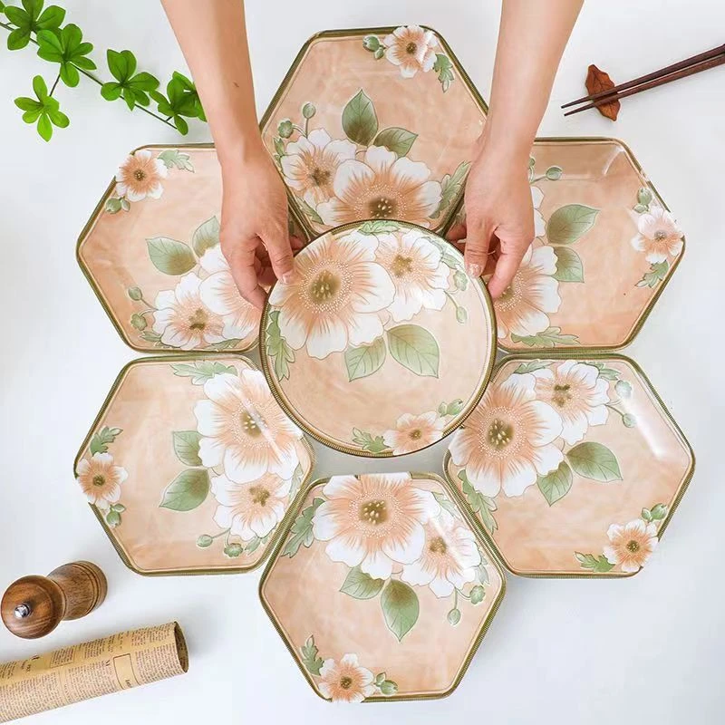 家用陶瓷盘子中式创意菱形菜盘子加深加厚汤盘六角盘子山茶花