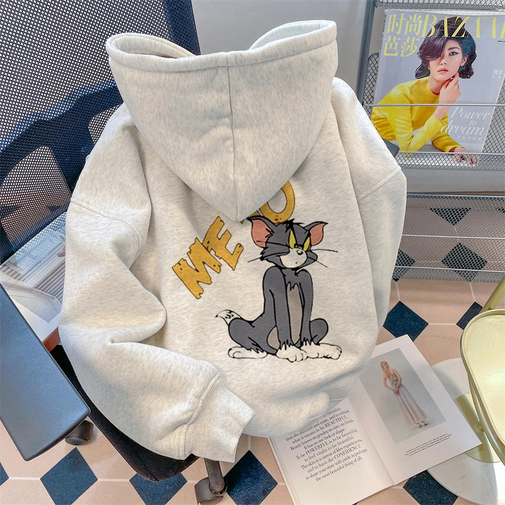 慵懒风趣味卡通汤姆印花卫衣2024春秋时尚撞色情侣百搭上衣服ins