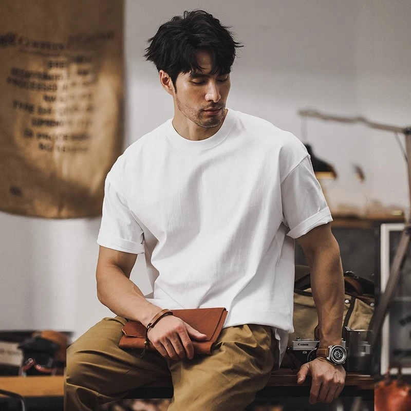 2025新款纯色基础t恤男短袖夏季美式重磅宽松纯棉半袖白色打底衫