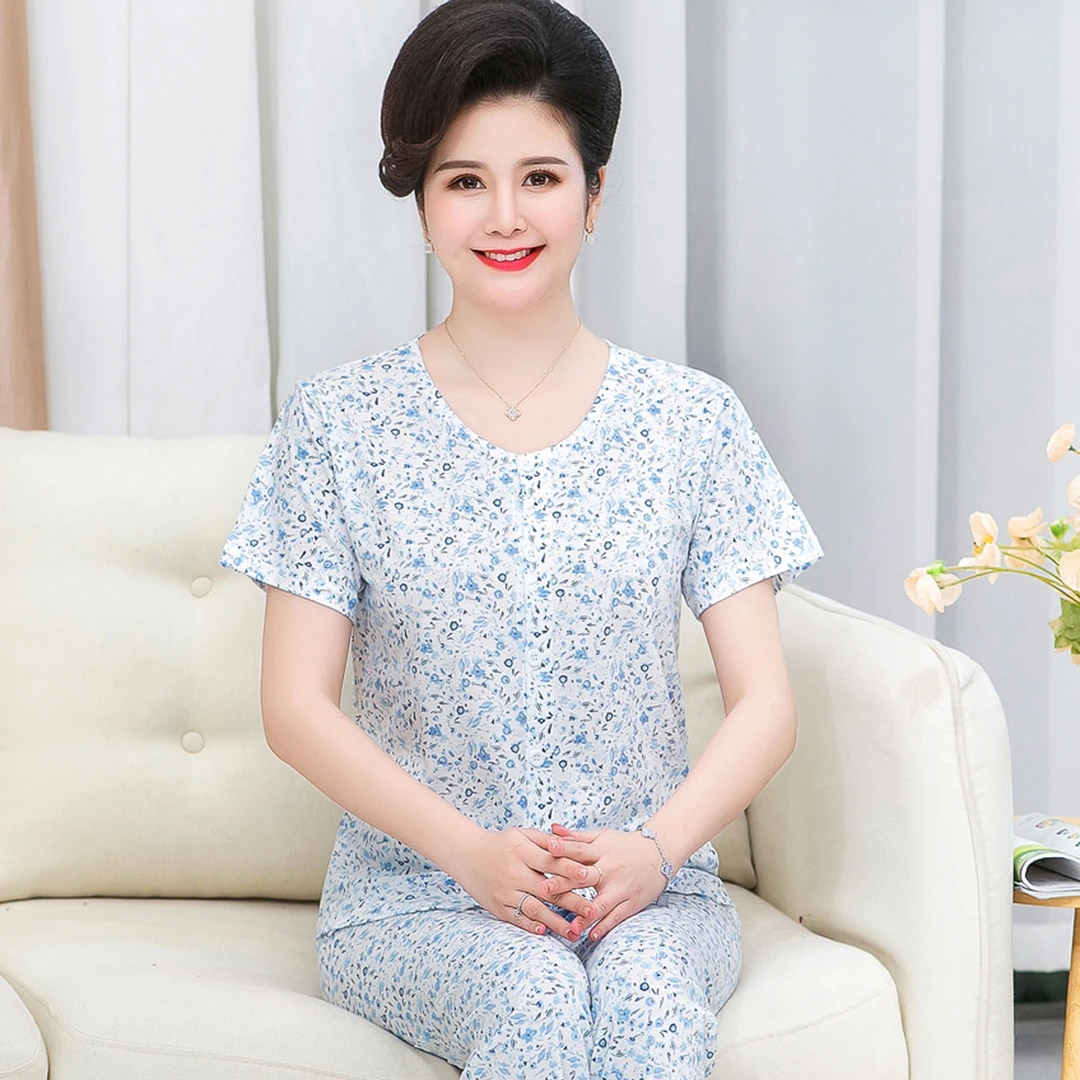 中老年全棉套装老人家居服老太太开衫妈妈睡衣夏季薄款女短袖长裤