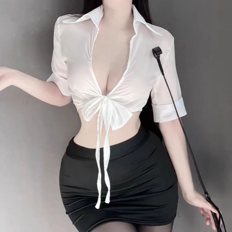 御姐风秘书装纯欲镂空衬衣套装女制服修身职业短袖白衬衫