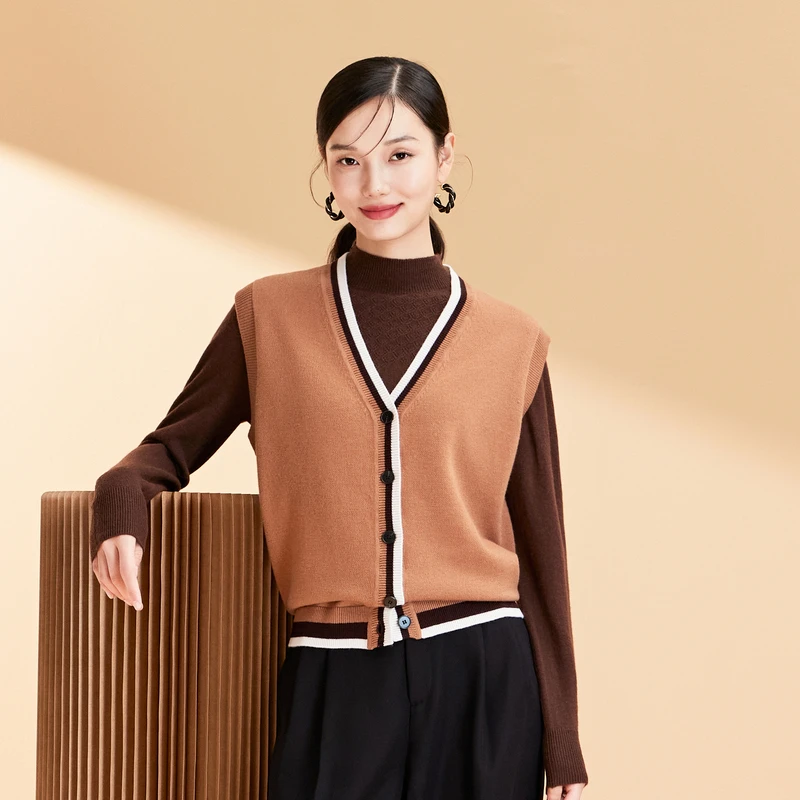 春竹2023秋冬新款V领羊毛毛衣慵懒风宽松无袖针织马甲背心女上衣