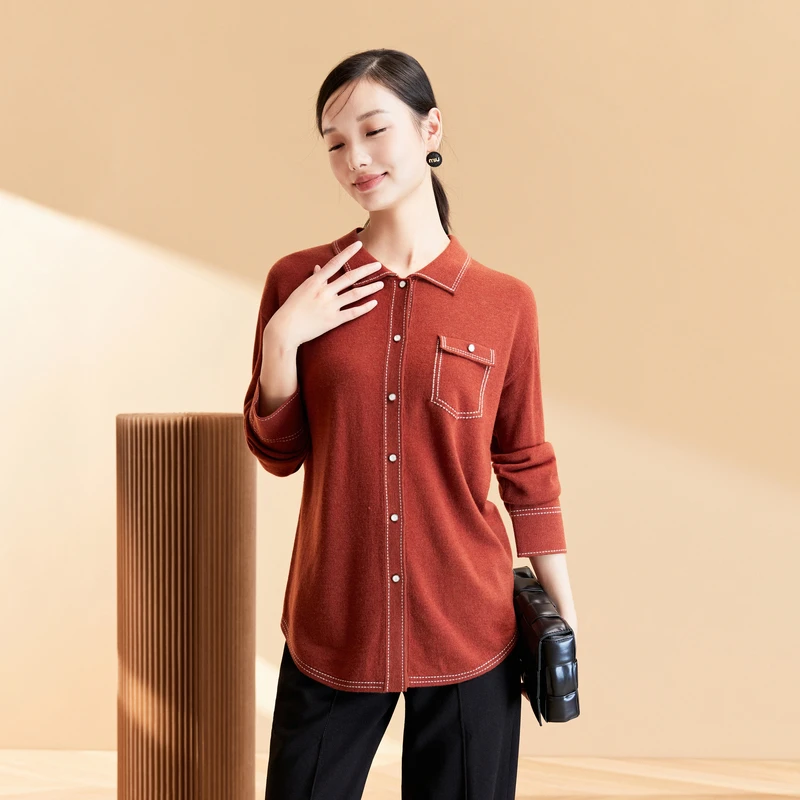 春竹2023秋冬新款POLO领羊毛衫通勤百搭长袖打底衫针织上衣毛衣女