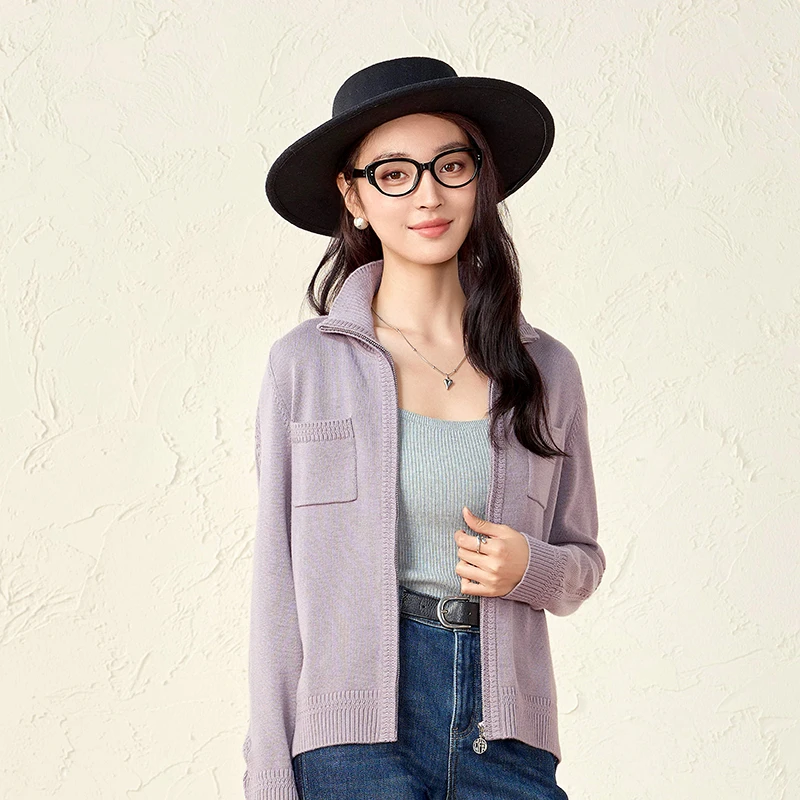 春竹24秋冬新款拉链翻领女开衫100%绵羊毛针织毛衣外套女气质上衣