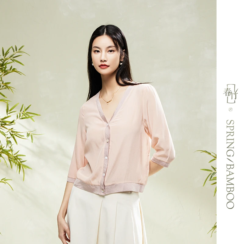 春竹官方夏季新款100%桑蚕丝真丝长袖针织时尚薄款休闲气质透气女