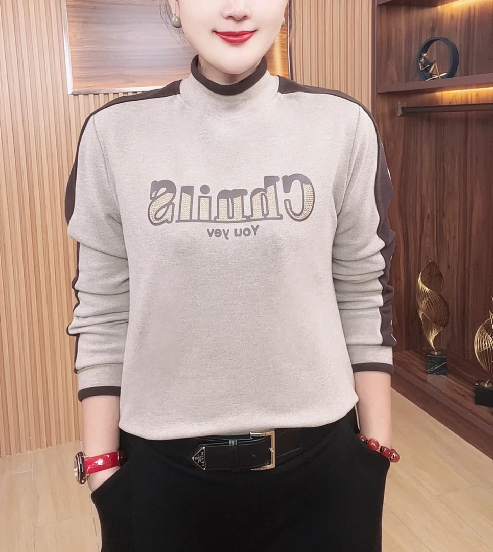 冬季时尚洋气升级版双面德绒加厚印花字母半高领宽松打底衫A113款