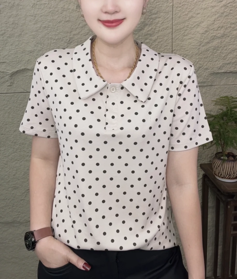 2024夏季新款娃娃领圆点时尚百搭洋气弹力妈妈装短袖上衣1228款