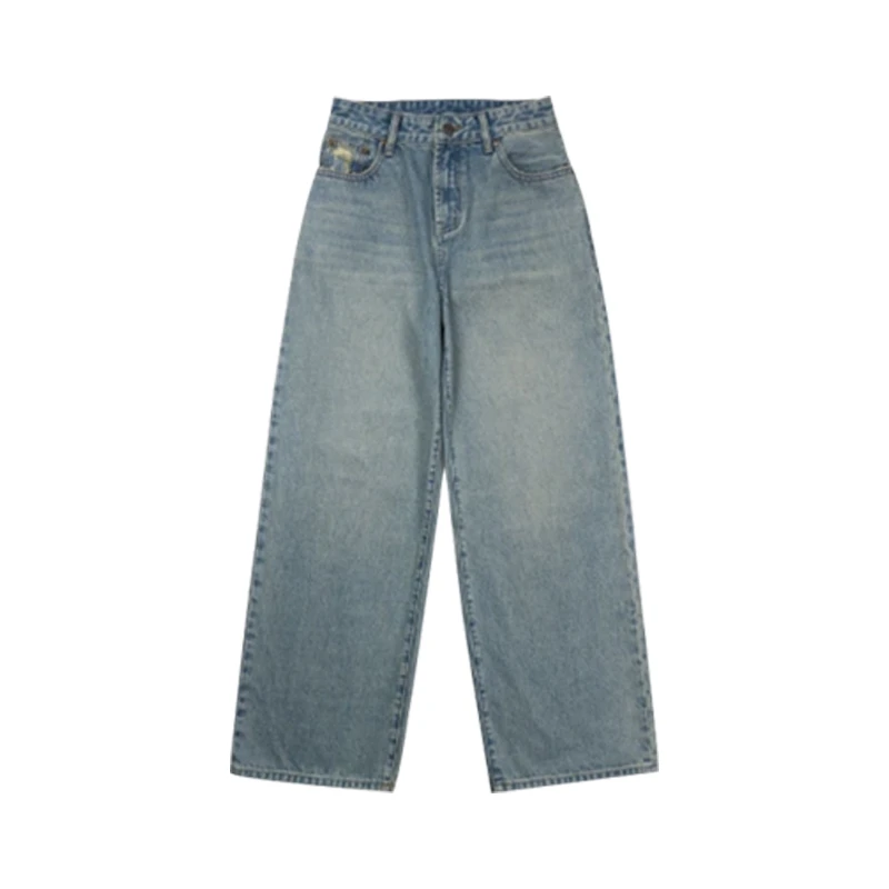 【林鹿儿】新款百搭休闲高腰阔腿浅蓝水洗牛仔裤蓝色渐变宽松复古