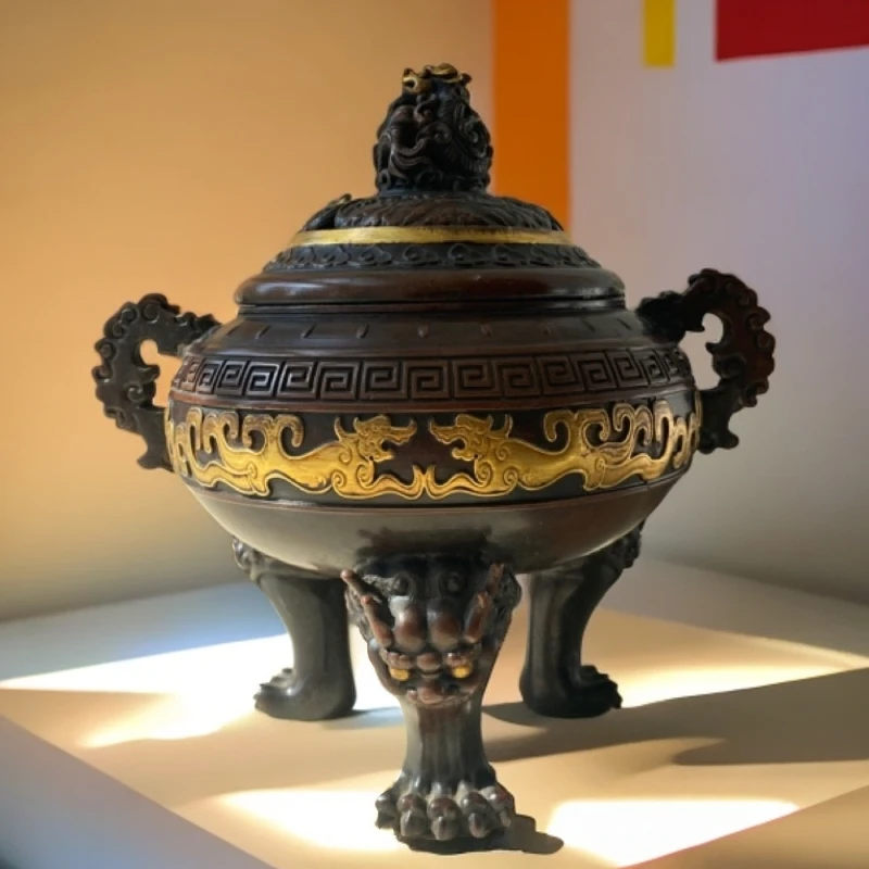 紫铜旧藏狮腿香炉龙盖炉居家摆件双耳三足鼎檀香炉