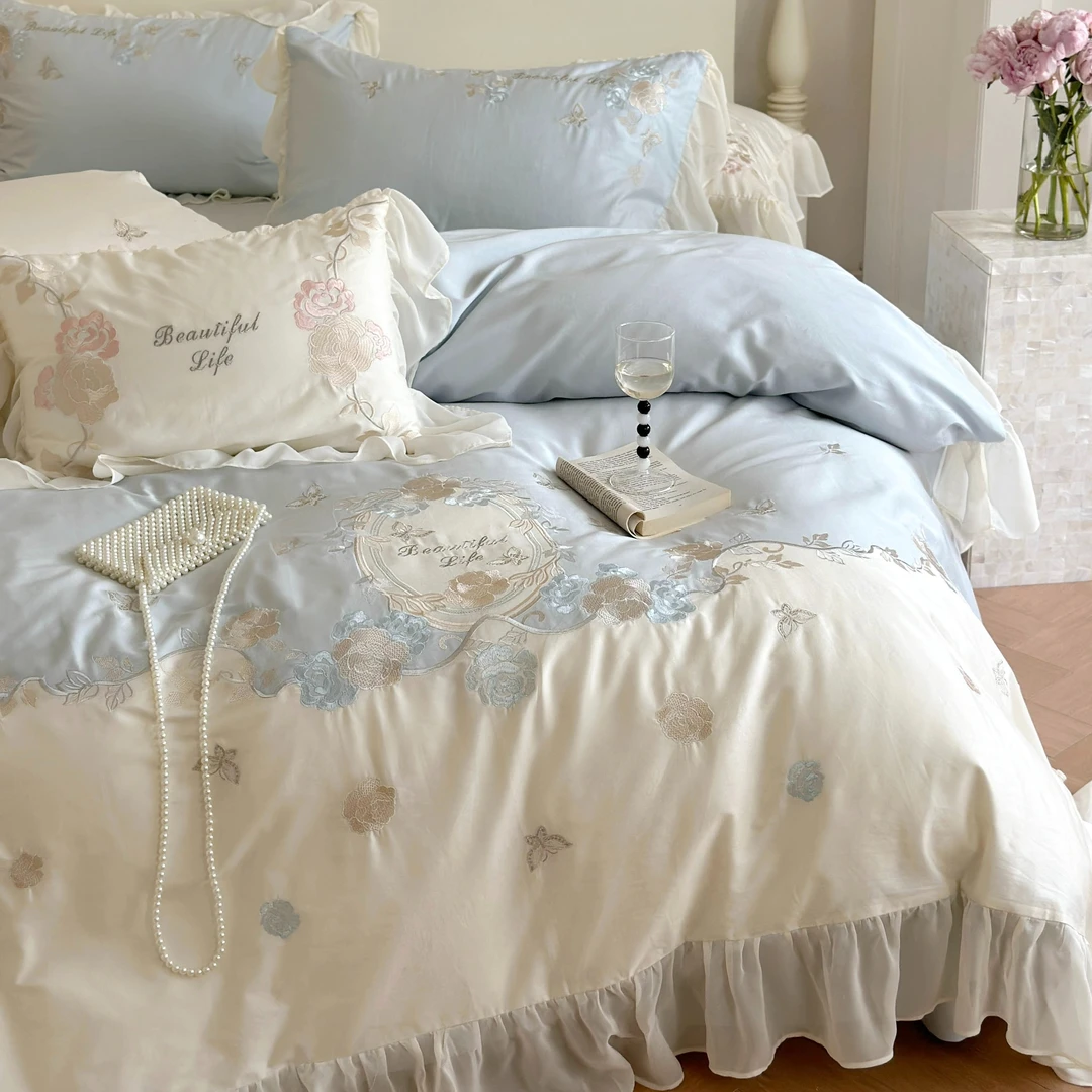 孔龙 浪漫主义 法式少女风高端轻奢雪纺花边拼接磨毛纯棉四件套