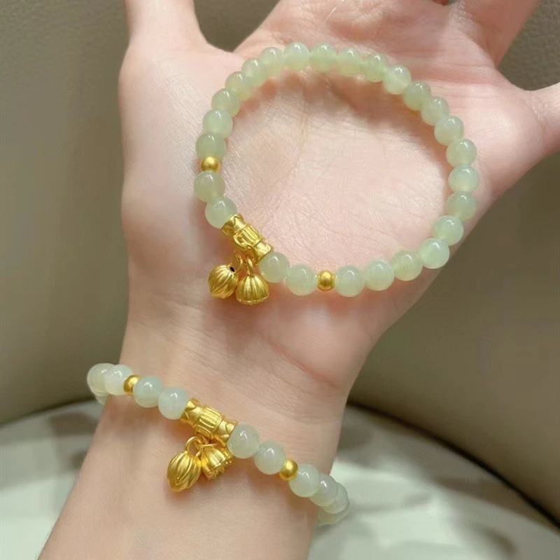 足金999两世欢手链黄金莲花莲蓬天然晴水和田玉手串玉手链串珠
